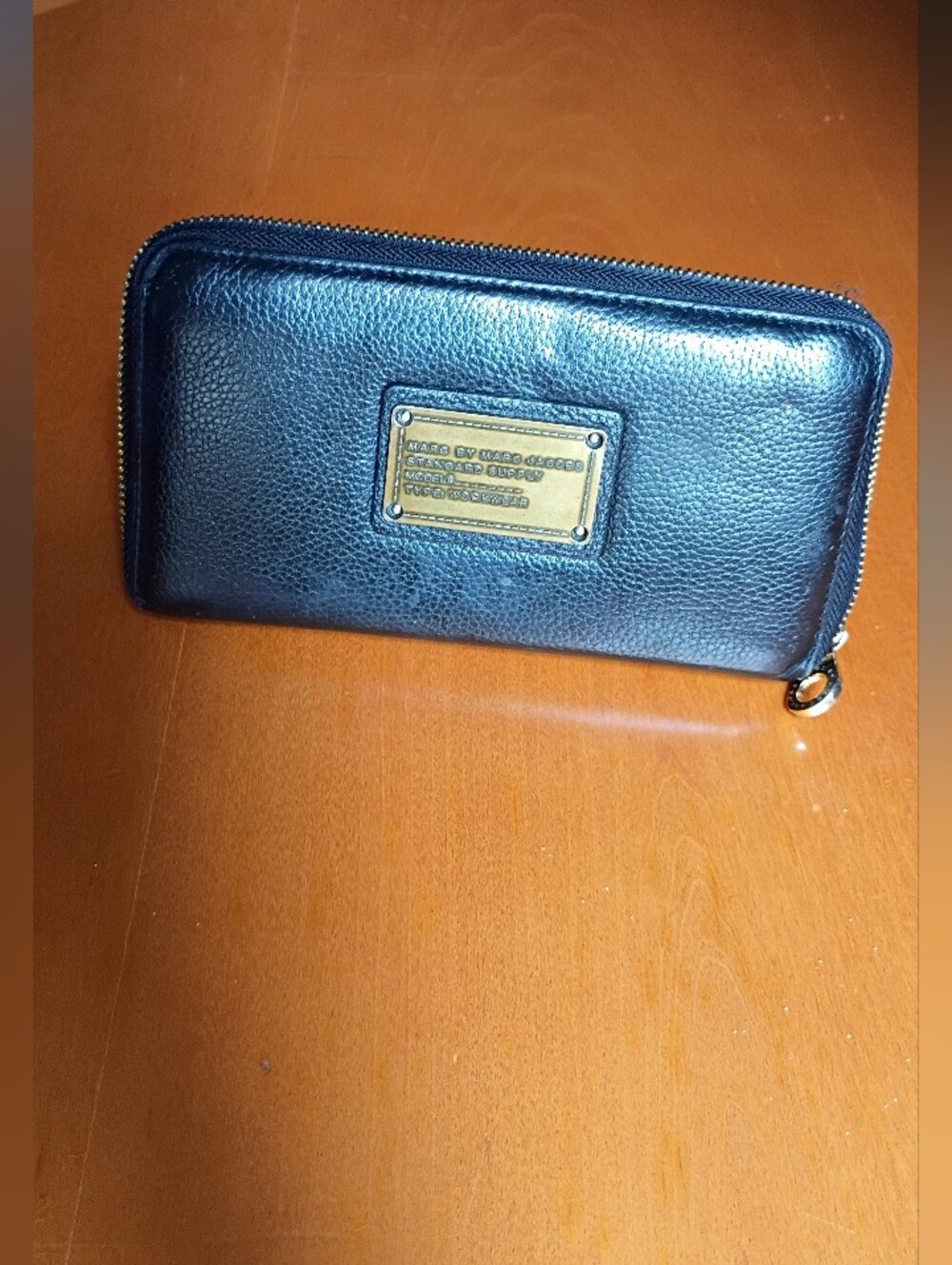 Marc by Marc Jacobs Black Leather Zip Wallet with Gold Plaque